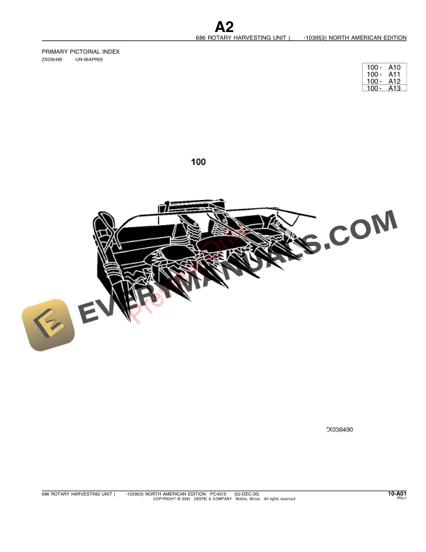 John Deere 686 (-103953) Rotary Harvesting Unit Parts Catalog PC4315 02DEC05-3