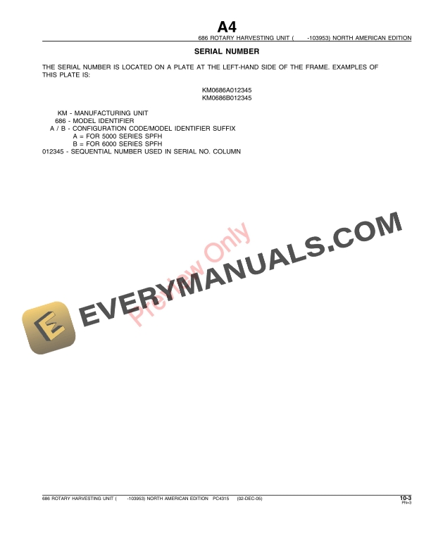 John Deere 686 (-103953) Rotary Harvesting Unit Parts Catalog PC4315 02DEC05-5