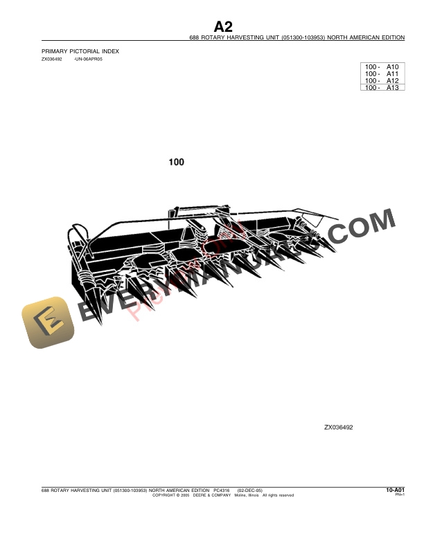 John Deere 688 (051300-103953) Rotary Harvesting Unit Parts Catalog PC4316 02DEC05-3
