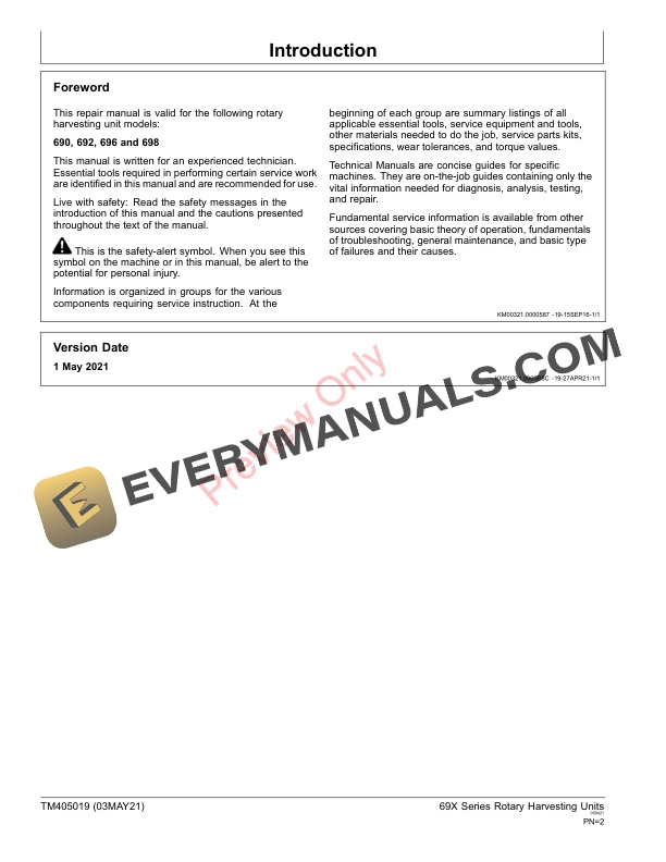 John Deere 690, 692, 696 and 698 Rotary Harvesting Units Technical Manual TM405019 03MAY21 4 John Deere 690 692 696 and 698 Rotary Harvesting Units Technical Manual TM405019 03MAY21 2