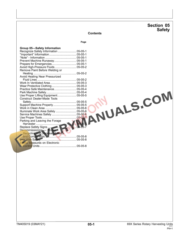 John Deere 690, 692, 696 and 698 Rotary Harvesting Units Technical Manual TM405019 03MAY21 7 John Deere 690 692 696 and 698 Rotary Harvesting Units Technical Manual TM405019 03MAY21 5