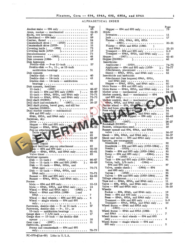 John Deere 694, 694A, 695, 695A, 894A Corn Planters Parts Catalog PC570 01OCT69-3