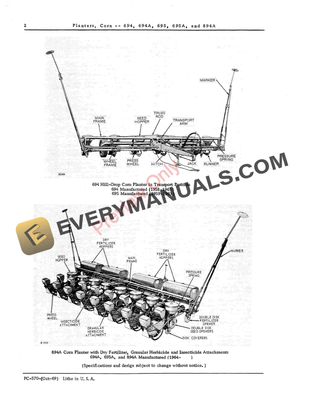 John Deere 694, 694A, 695, 695A, 894A Corn Planters Parts Catalog PC570 01OCT69-4
