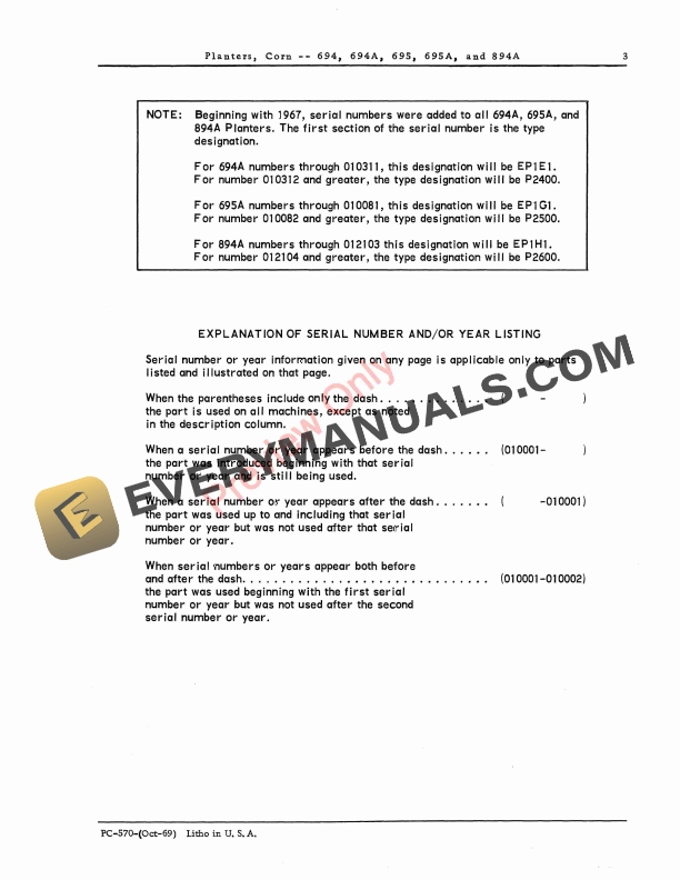 John Deere 694, 694A, 695, 695A, 894A Corn Planters Parts Catalog PC570 01OCT69-5