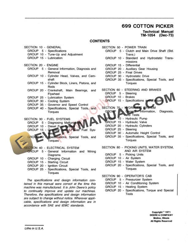 John Deere 699 Cotton Picker Technical Manual TM1054 01DEC73 3