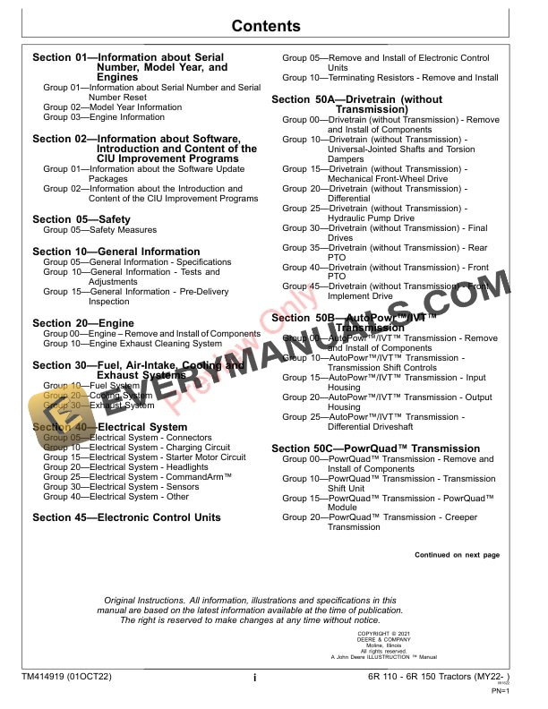 John Deere 6R 110 6R 150 Tractors MY22 Technical Manual TM414919 01MAR23 3