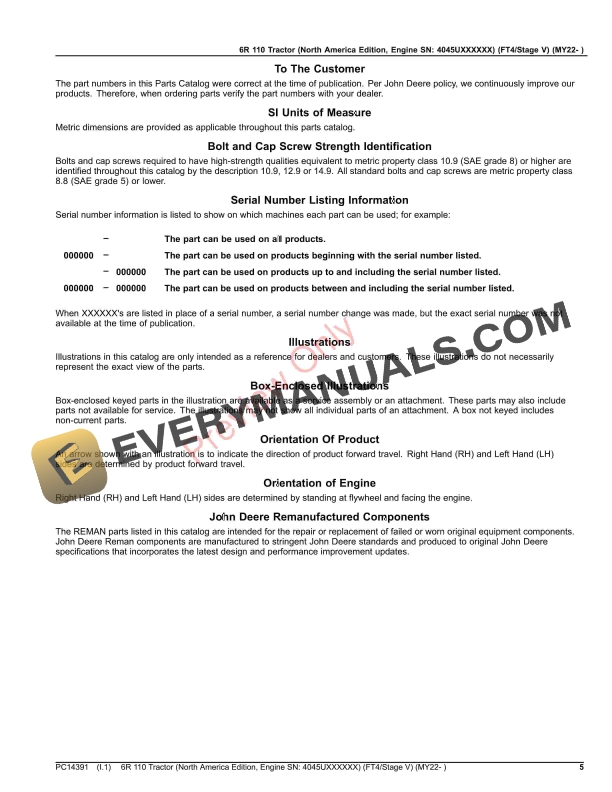 John Deere 6R 110 Tractor (FT4Stage V) (MY22- ) Parts Catalog PC14391 09NOV23 6 John Deere 6R 110 Tractor (FT4Stage V) (MY22- ) Parts Catalog PC14391 09NOV23-5