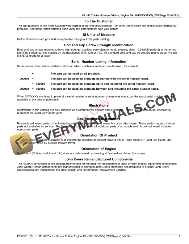 John Deere 6R 140 Tractor (FT4Stage V) (MY22- ) Parts Catalog PC14381 05NOV23 6 John Deere 6R 140 Tractor (FT4Stage V) (MY22- ) Parts Catalog PC14381 05NOV23-5