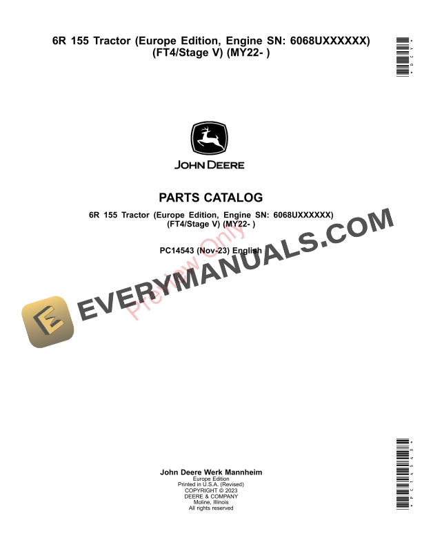 John Deere 6R 155 Tractor (FT4Stage V) (MY22- ) Parts Catalog PC14543 19NOV23-1