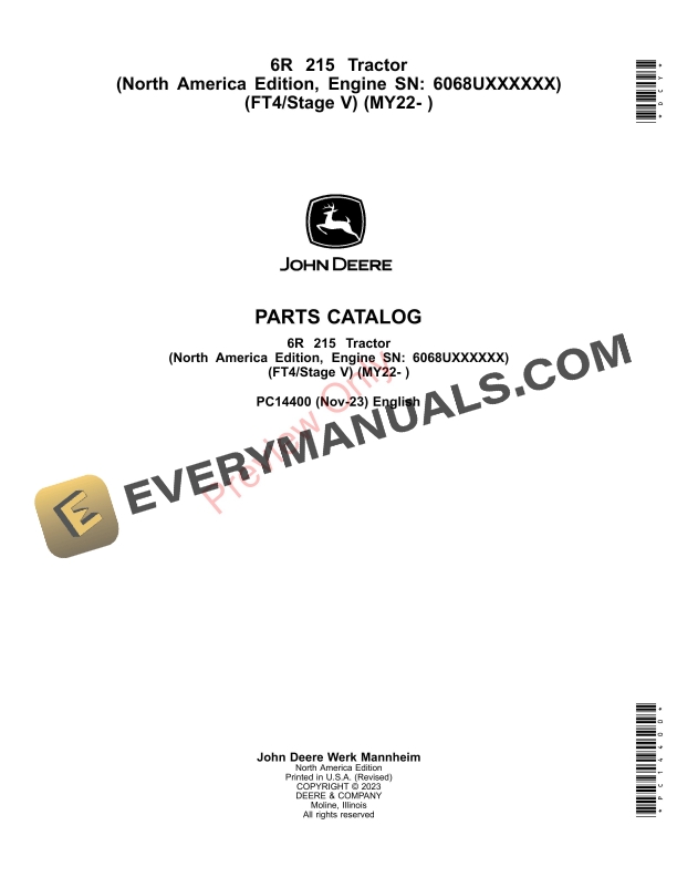 John Deere 6R 215 Tractor (FT4Stage V) (MY22- ) Parts Catalog PC14400 16NOV23-1