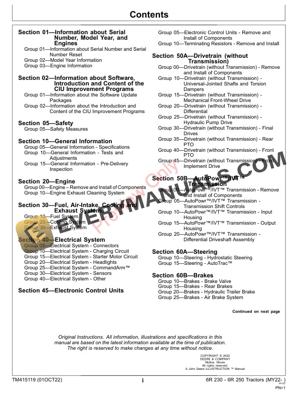 John Deere 6R 230 6R 250 Tractors MY22 Technical Manual TM415119 01MAR23 3