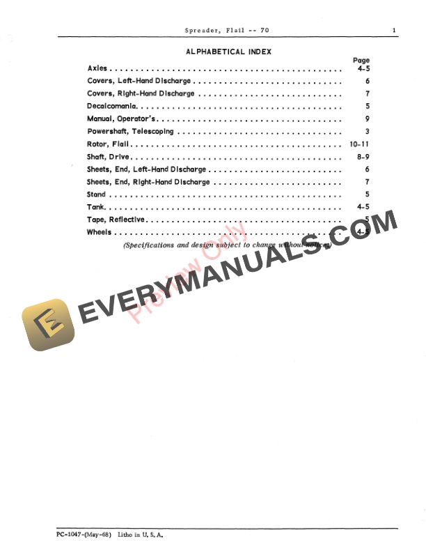 John Deere 70 Flail Spreader Parts Catalog PC1047 01MAY68 3