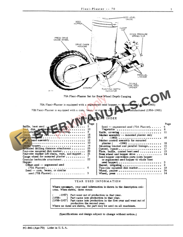John Deere 70 Flexi-Planter Parts Catalog PC841 01APR70-3