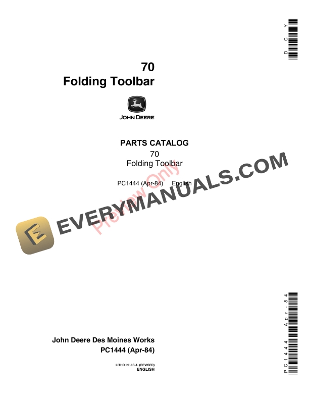 John Deere 70 Folding Toolbar Parts Catalog PC1444 13APR84-1