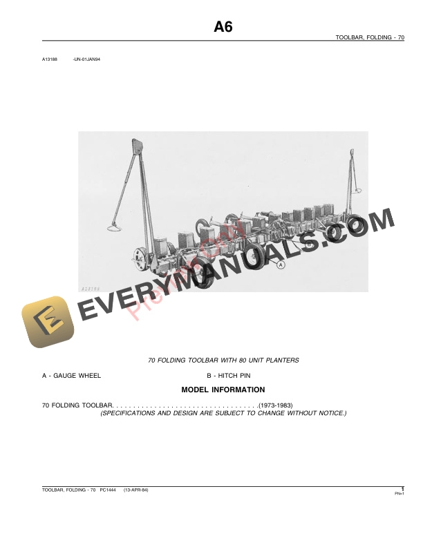 John Deere 70 Folding Toolbar Parts Catalog PC1444 13APR84 4 John Deere 70 Folding Toolbar Parts Catalog PC1444 13APR84-3