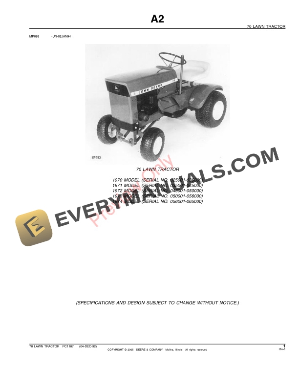 John Deere 70 Lawn Tractor Parts Catalog PC1187 02MAY02 4 John Deere 70 Lawn Tractor Parts Catalog PC1187 02MAY02 3