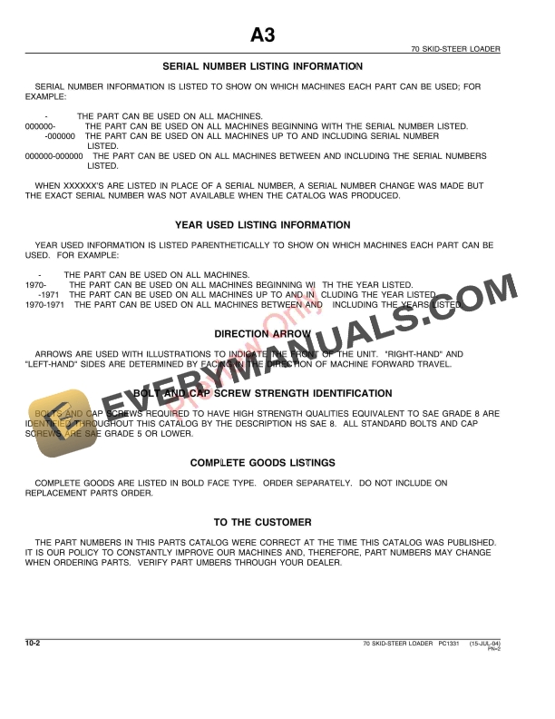 John Deere 70 Skid-Steer Loader Parts Catalog PC1331 09MAR05-4