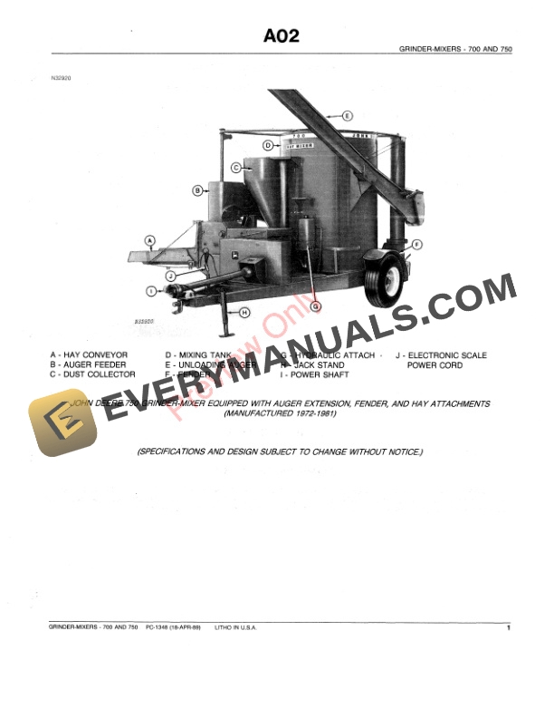 John Deere 700, 750 Series Grinder-Mixers Parts Catalog PC1348 20APR89-3