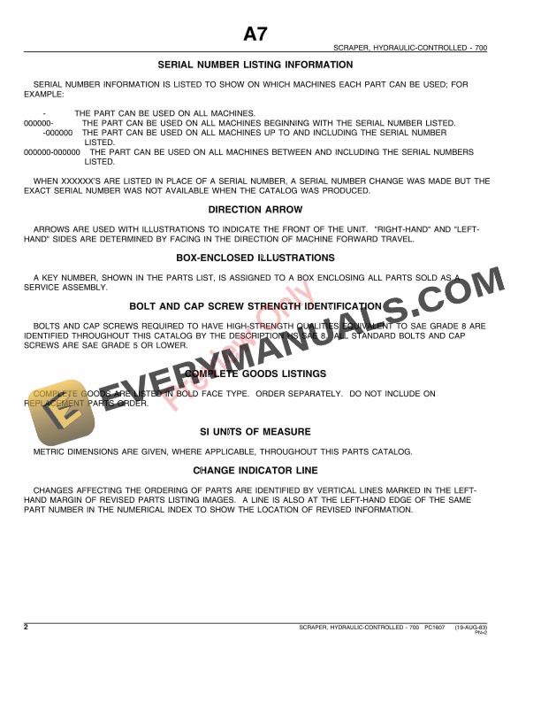 John Deere 700 Hydraulic Controlled Scraper Parts Catalog PC1607 19AUG83-4