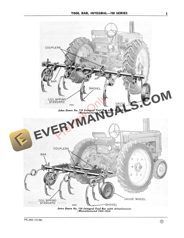 John Deere 700 Integral Tool Bar Parts Catalog PC262L 01DEC56-3