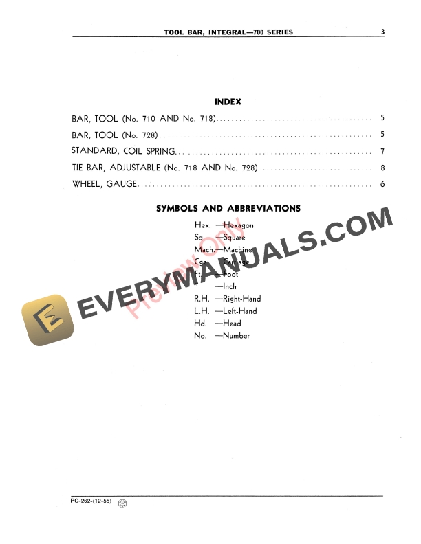 John Deere 700 Integral Tool Bar Parts Catalog PC262L 01DEC56-5