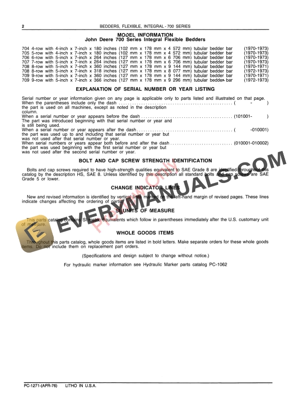 John Deere 700 Series Integral Flexible Bedders Parts Catalog PC1271 01APR76-4