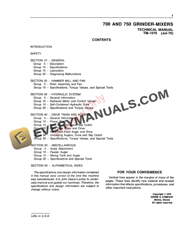 John Deere 700 and 750 Grinder Mixers Technical Manual TM1079 01JUL79 3
