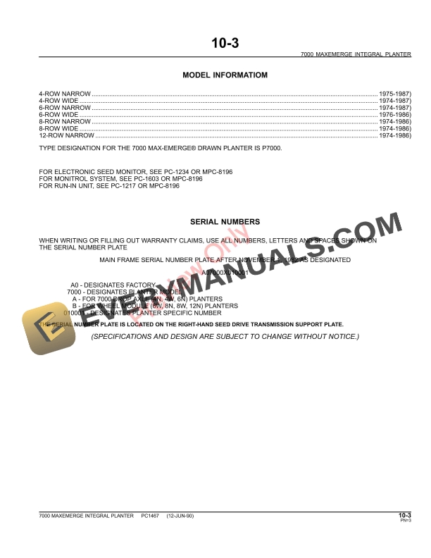 John Deere 7000 Drawn (Cotton and Corn) Planters Parts Catalog PC1467 28JUN11 6 John Deere 7000 Drawn (Cotton and Corn) Planters Parts Catalog PC1467 28JUN11-5