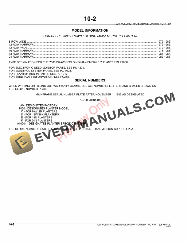 John Deere 7000 Drawn, Folding Planters Parts Catalog PC1694 23MAY11-4