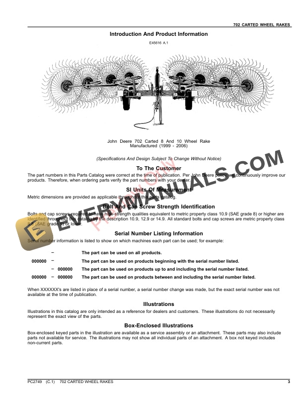 John Deere 702 CARTED WHEEL RAKES Parts Catalog PC2749 06AUG23-3