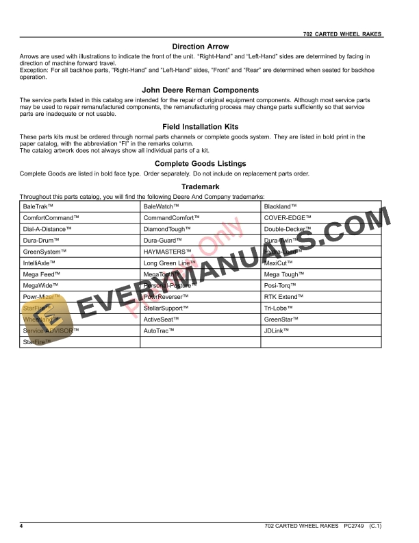 John Deere 702 CARTED WHEEL RAKES Parts Catalog PC2749 06AUG23-4