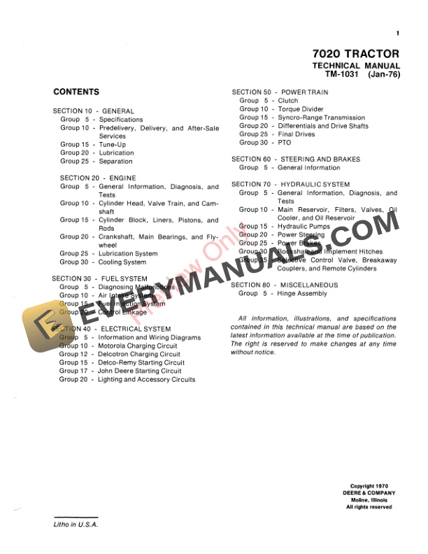 John Deere 7020 4WD Tractor Technical Manual TM1031 01JAN76 3