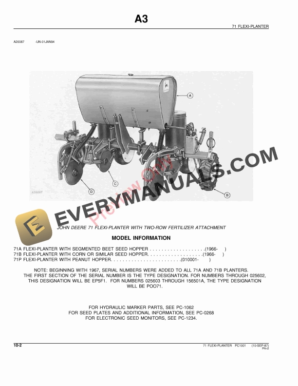 John Deere 71 Flexi Unit Planter Parts Catalog PC1001 30OCT95 4