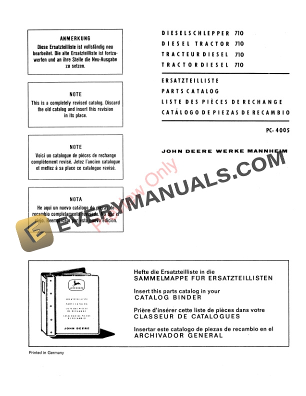 John Deere 710 Tractor Parts Catalog PC4005 01NOV68 English, French, German, Spanish-3