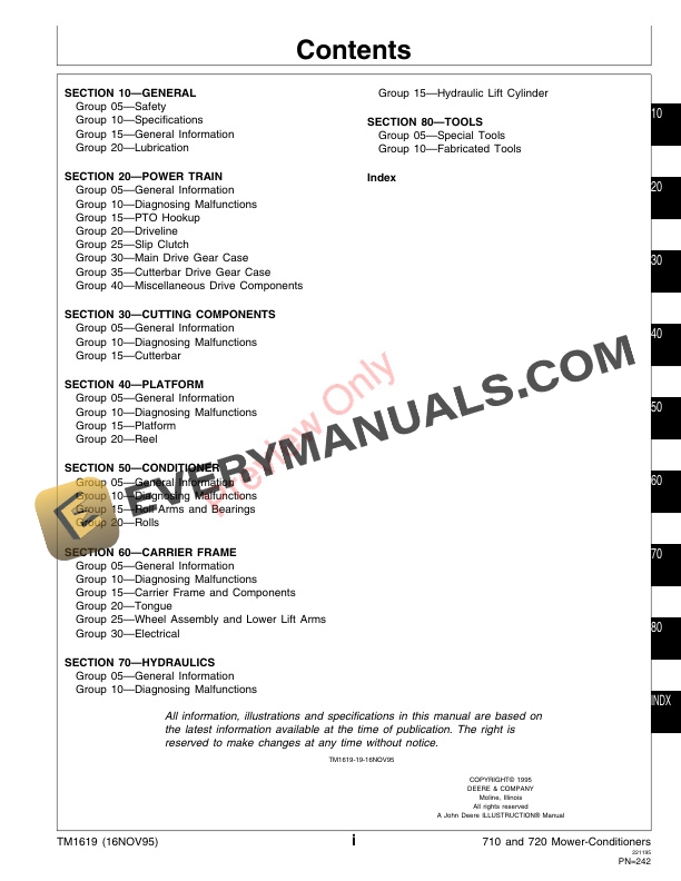 John Deere 710 and 720 Mower Conditioners Technical Manual TM1619 16NOV95 3