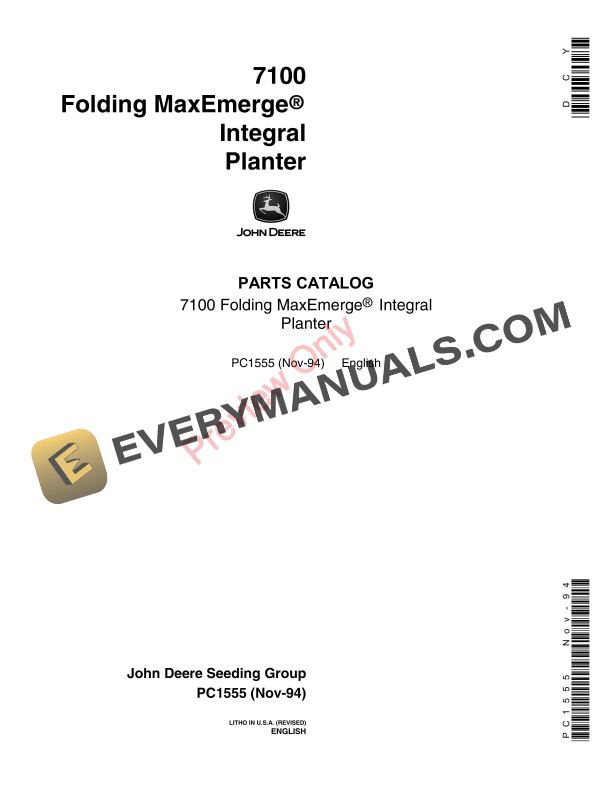 John Deere 7100 Integral Planters Parts Catalog PC1555 30NOV94-1