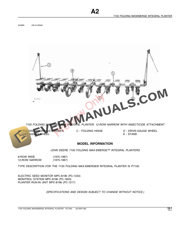 John Deere 7100 Integral Planters Parts Catalog PC1555 30NOV94-3