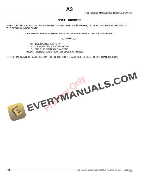 John Deere 7100 Integral Planters Parts Catalog PC1555 30NOV94-4