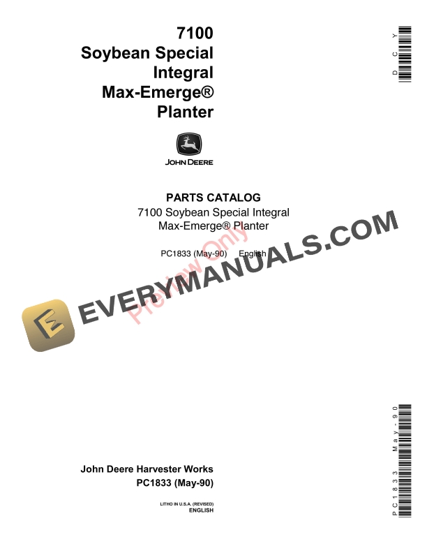 John Deere 7100 Integral Planters – Soybean Special Parts Catalog PC1833 16MAY90-1