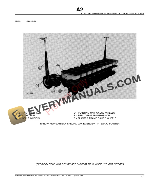 John Deere 7100 Integral Planters – Soybean Special Parts Catalog PC1833 16MAY90-3
