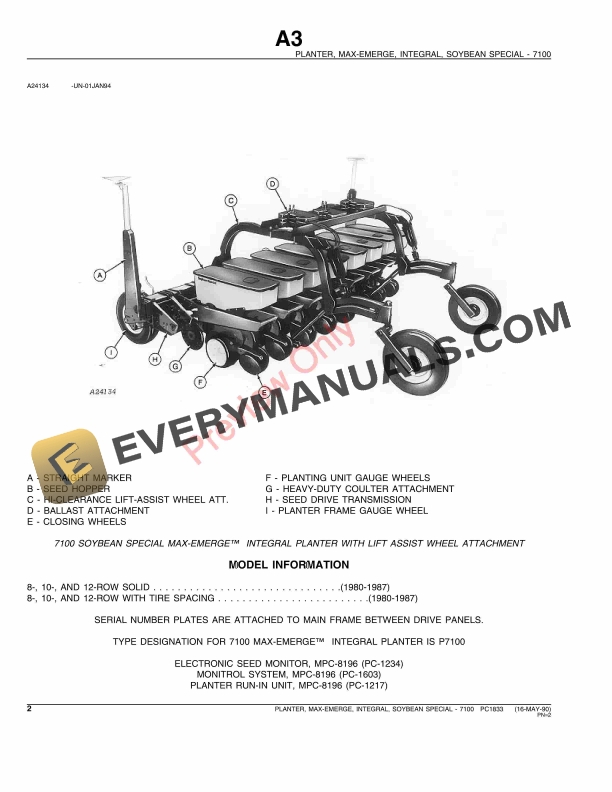 John Deere 7100 Integral Planters – Soybean Special Parts Catalog PC1833 16MAY90-4