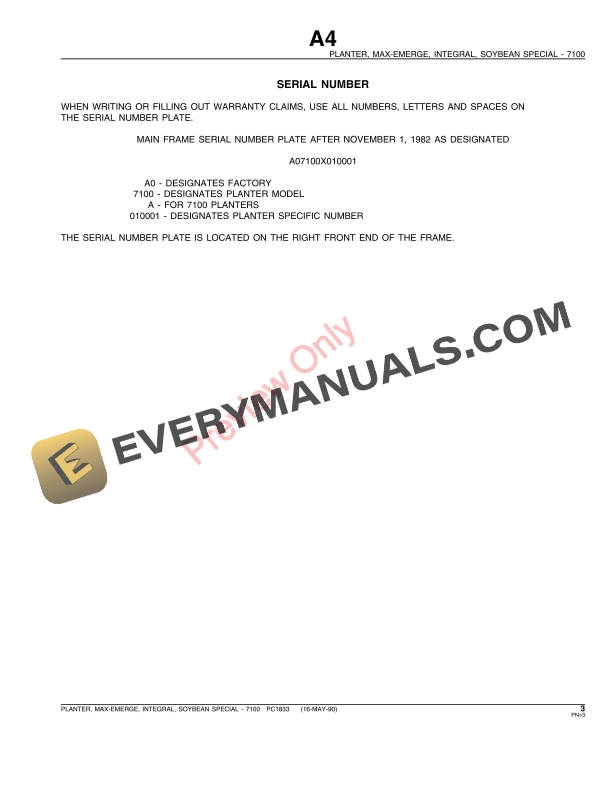 John Deere 7100 Integral Planters – Soybean Special Parts Catalog PC1833 16MAY90-5