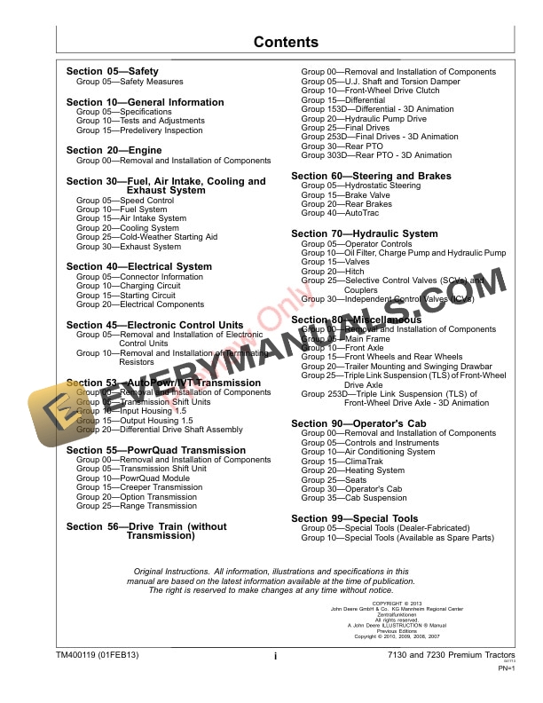 John Deere 7130 7230 Premium Tractor Technical Manual TM400119 01FEB13 3