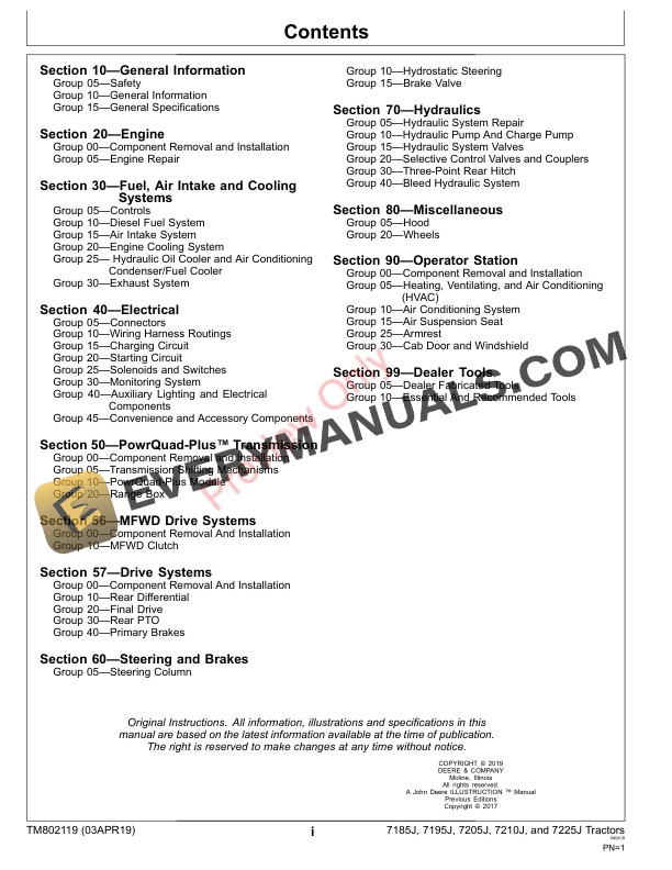 John Deere 7185J 7195J 7205J 7210J and 7225J Tractors Repair Technical Manual TM802119 03APR19 3