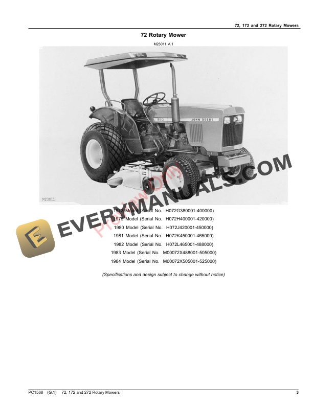 John Deere 72, 172 and 272 Rotary Mowers Parts Catalog PC1568 11JAN23-3
