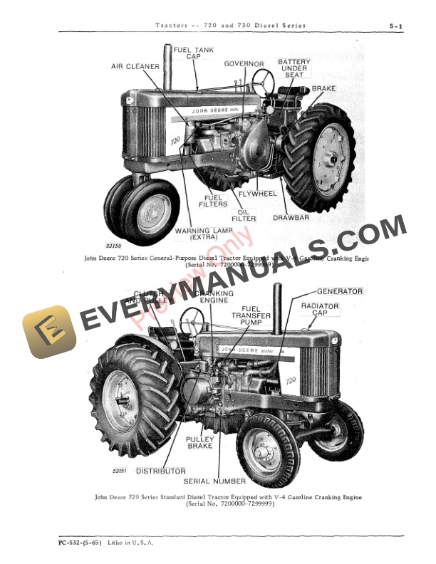 John Deere 720, 730 Utility Tractor, Standard Diesel Parts Catalog PC532 01MAY65-3