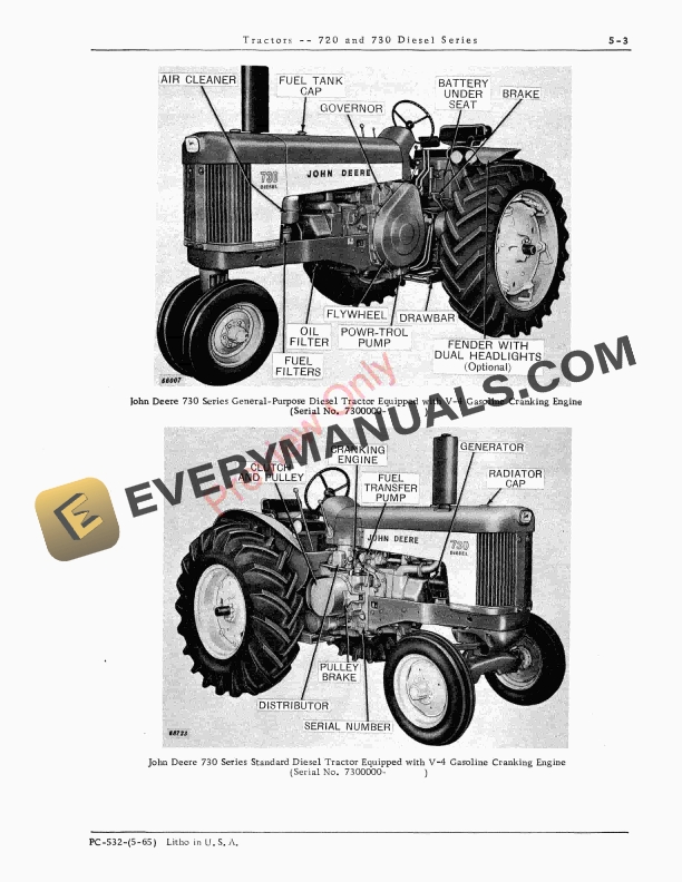 John Deere 720, 730 Utility Tractor, Standard Diesel Parts Catalog PC532 01MAY65-5