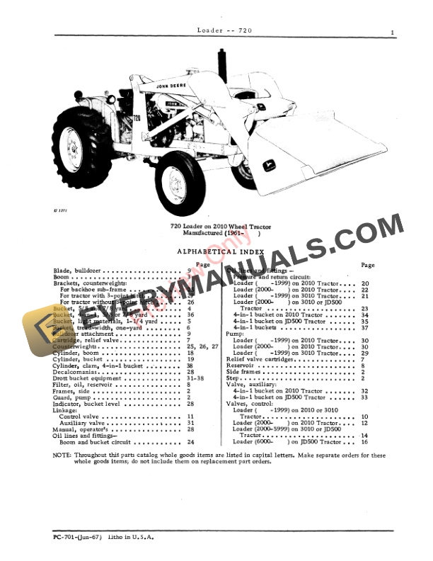 John Deere 720 Loader Parts Catalog PC701 01JUN67-3