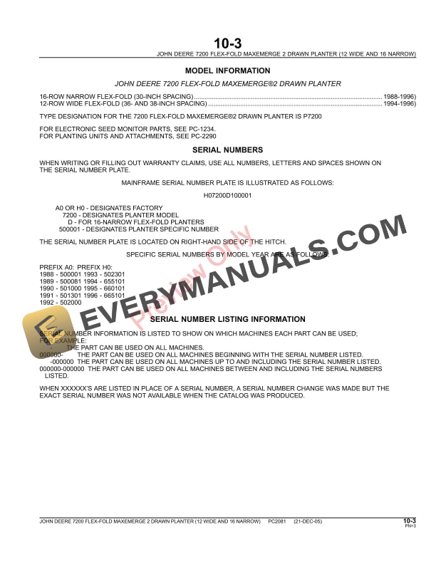 John Deere 7200 Drawn (Flex-Fold) Planters 12RW and 16RN Parts Catalog PC2081 23MAY11-5