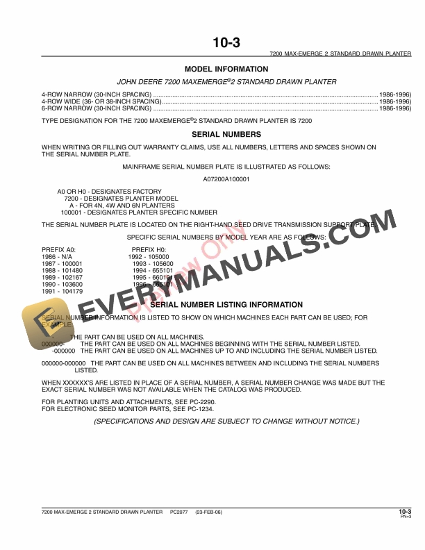John Deere 7200 Drawn (Standard) Planters Parts Catalog PC2077 23MAY11-5